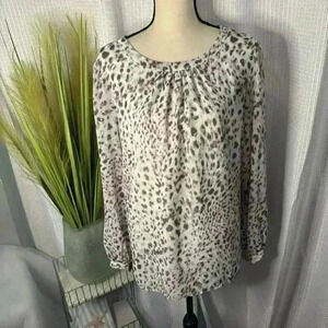 Talbots Womens XL Pink Shimmer Tunic Long Sleeve Gathered Neck Tie Back Blouse